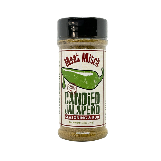 Meat Mitch Candied Jalapeno seasoning & rub offers sweet n heat in a 6.25oz shaker. Elevate your BBQ!