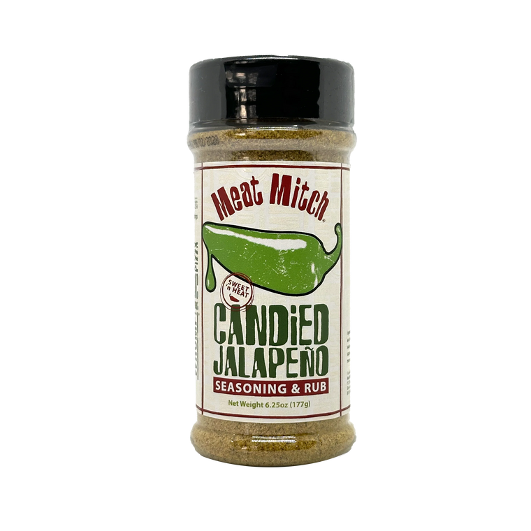 Meat Mitch Candied Jalapeno seasoning & rub offers sweet n heat in a 6.25oz shaker. Elevate your BBQ!